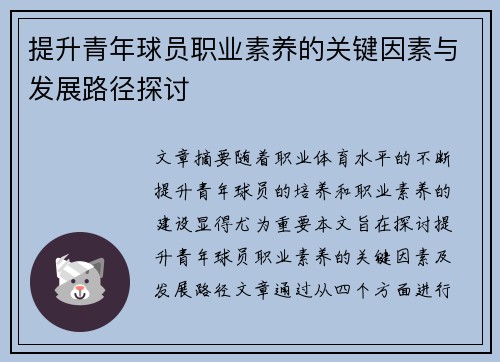 提升青年球员职业素养的关键因素与发展路径探讨