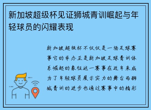 新加坡超级杯见证狮城青训崛起与年轻球员的闪耀表现